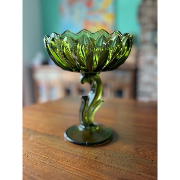 Indiana Glass Candy Dish Green Lotus Blossom Decorative Dish 7” Vintage - Picture 6 of 7